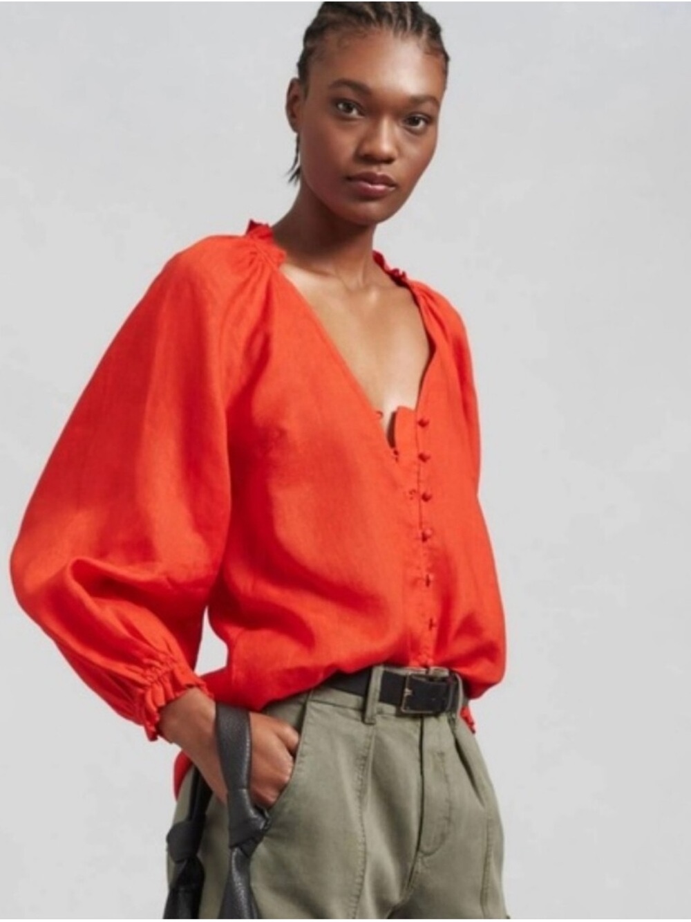 Anthropologie Maeve 100% Linen Persimmon Red Orange Peasant Blouse Small